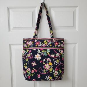 Vera Bradley Floral Quited Ribbons Shoulder Tote Bag Navy And Pink